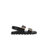 Tod's Svarta läderplatta sandaler Black, Dam