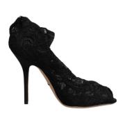 Dolce & Gabbana Svart Spets Stretch Mid Calf Stövlar Black, Dam