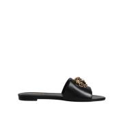 Versace Svarta läderlogotyp Slip-On Sandaler Black, Dam