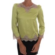 Dolce & Gabbana Grön Silke Stretch Blus med Beige Blommig Spets Green,...