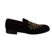 Dolce & Gabbana Elegant svarta loafers med guld kronbroderi Black, Her...