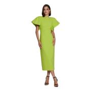 Moskada Pistage Crepe Midi Klänning Puff Ärmar Green, Dam