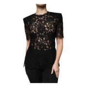 Dolce & Gabbana Svart Blommig Spetsblus Topp Black, Dam