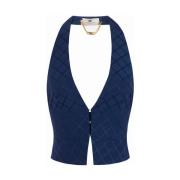 Elisabetta Franchi Blå Satinväst med Diamant Jacquard Blue, Dam