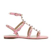 Valentino Garavani Rockstud Läder Sandaler Kvinnor Guld Studs Pink, Da...