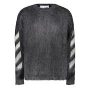 Off White Randig Crew-neck Sweater med Logo Intarsia Gray, Herr