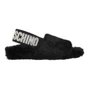 Love Moschino Platta sandaler med fuskpäls och logodetalj Black, Dam