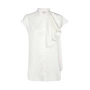 Alexander McQueen Ruffled Silk Blouse med Rundad Hem Beige, Dam