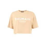 Balmain Logo Print Bomull T-shirt Brown, Dam