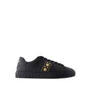 Versace Svarta Lädersneakers - Rund Tå Black, Herr