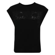 Twinset Svart blommig spets bomull T-shirt Black, Dam