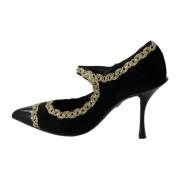 Dolce & Gabbana Elegant Svart Sammet Guld Broderade Pumps Black, Dam