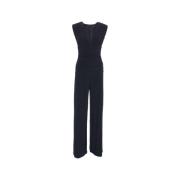 Norma Kamali Blå Bred Ben Jumpsuit Elegant V-Hals Blue, Dam