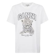 Ganni Ekologisk bomull vit T-shirt med leopardtryck logo White, Dam