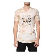 Dolce & Gabbana Beige Grafiskt Tryck V-ringad T-shirt Beige, Herr