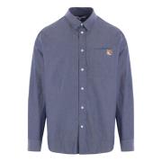 Maison Kitsuné Blå Chambray Skjorta med Fox Head Patch Blue, Herr