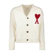 Ami Paris V-Hals Cardigan med Broderat Hjärtlogga White, Dam