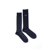 Emporio Armani Blå Tryckt Bomull Crew Socks Blue, Herr