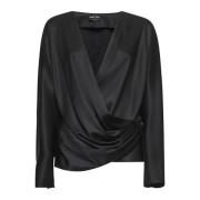 Giorgio Armani Silke V-Hals Draperad Topp Svart Black, Dam