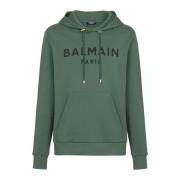 Balmain Huvtröja i bomull med Paris logotyp tryck Green, Herr