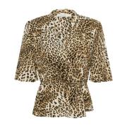 Gestuz Leopardmönstrad Wrap Top Blus Brown, Dam