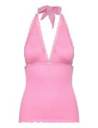 Silk Halter Neck W/ Lace Tops T-shirts & Tops Sleeveless Pink Rosemund...
