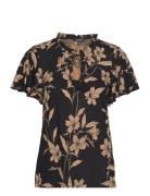 Floral Linen-Blend Jersey Tie-Neck Top Tops T-shirts & Tops Short-slee...