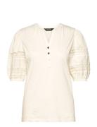 Lauren Ralph Lauren Lace-Trim Jersey Puff-Sleeve Henley Tee Kräm