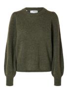 Selected Femme Slflulu Ls Knit Rib O-Neck Noos Khaki Green