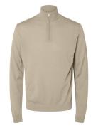 Selected Homme Slhtray Ls Knit Merino Half Zip Noos Beige