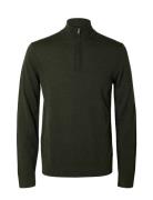 Selected Homme Slhtray Ls Knit Merino Half Zip Noos Khaki Green