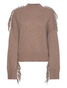 Davida Cashmere Boxy O-Neck Sweater Fringes Beige