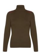 Lauren Ralph Lauren Faux-Leather-Trim Ribbed Turtleneck Khaki Green