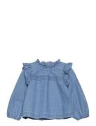 Mango Frilled Denim Shirt Blå