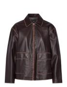 Mango Leather-Effect Jacket With Contrast Stitching Brun