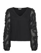 Bubbleroom 3D Floral Sleeve V-Neck Top Svart