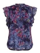 Lauren Ralph Lauren Print Ruffle-Trim Georgette Blouse Blå