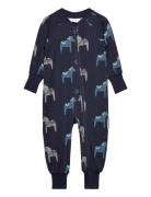 Geggamoja Bamboo Two Way Zip Pyjamas Green Tractor Marinblå